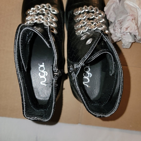 SUGAR Black Croc Obvi Combat Memory Foam Slip-On Block Heel Boots SZ 8 - Picture 5 of 8